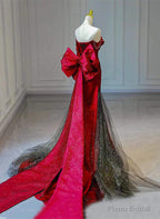 Red and Black Sweetheart Off Shoulder Formal Dress, Long Prom Dress with Bow
