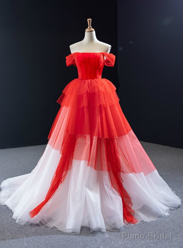 Red And White Tulle Off the Shoulder Pleats Beading Prom Dress Main image