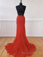 Red Backless Lace Formal Prom Dresses, Red Open Back Lace Formal Evening Dresses