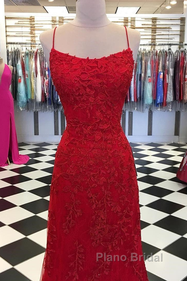 Red Backless Mermaid Lace Formal Prom Dresses, Red Backless Lace Formal Graduation Evening Dresses