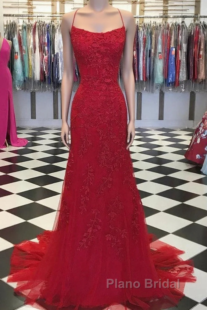 Red Backless Mermaid Lace Formal Prom Dresses, Red Backless Lace Formal Graduation Evening Dresses Main image