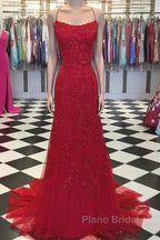 Red Backless Mermaid Lace Formal Prom Dresses, Red Backless Lace Formal Graduation Evening Dresses