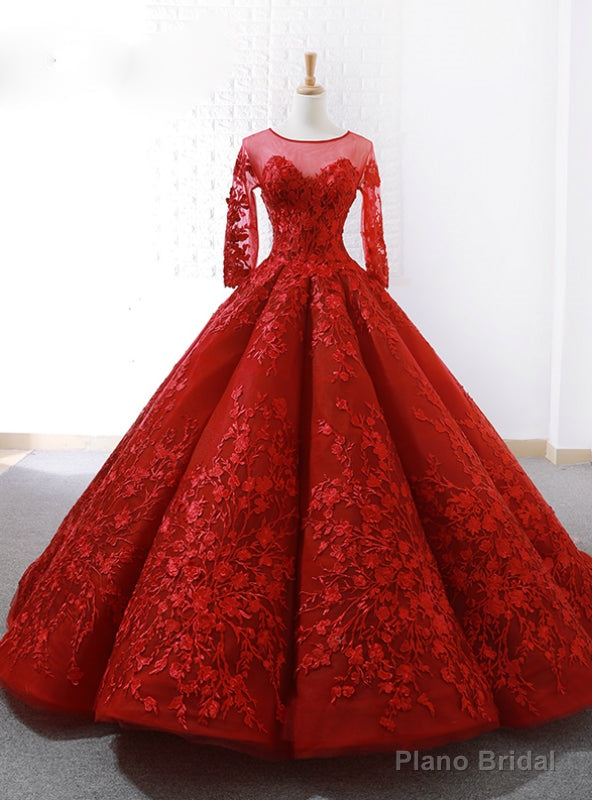 Red Ball Gown Long Sleeve Backless Appliques Wedding Dress Main image