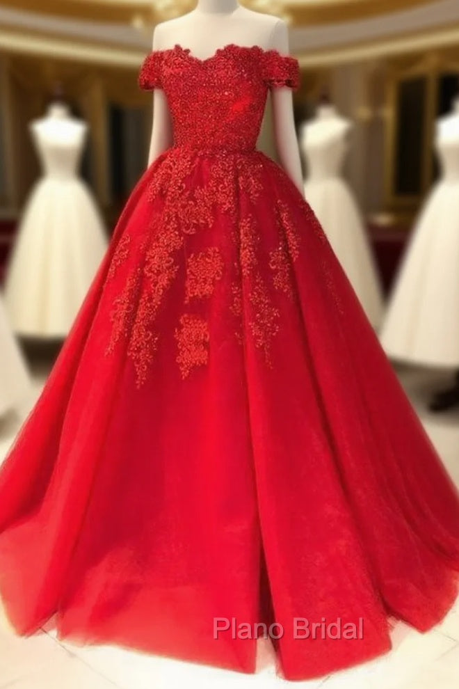 Red Ball Gown Off-the-Shoulder Sleeveless Court Train Tulle Formal Prom Dresses With Pleated Appliqued Main image