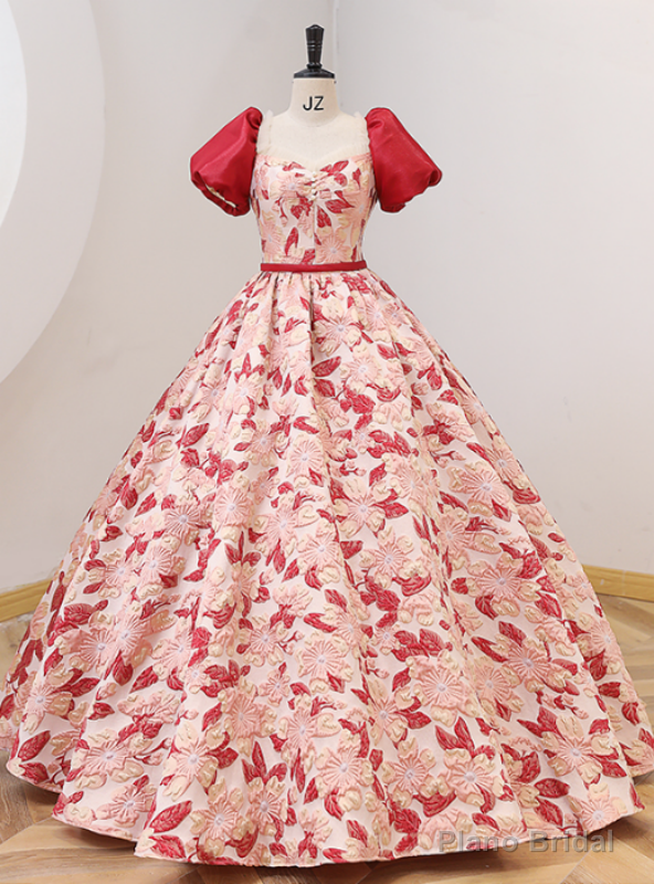 Red Ball Gown Puff Sleeve Square Quinceanera Dress Main image