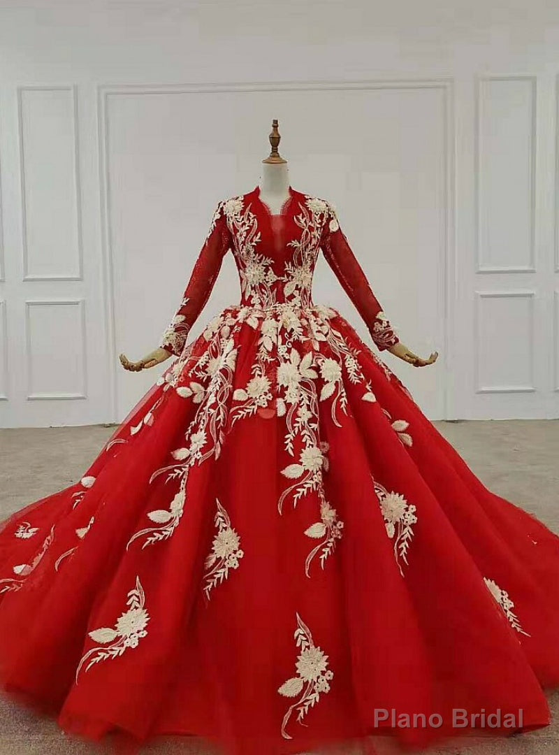 Red Ball Gown Tulle Appliques Long Sleeve Beading Wedding With Train