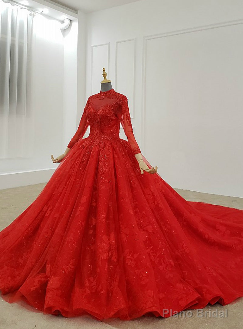 Red Ball Gown Tulle Lace High Neck Long Sleeve Beading Wedding Dress Main image