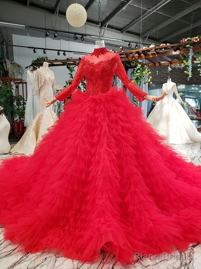 Red Ball Gown Tulle Long Sleeve High Neck Beading Wedding Dress Main image
