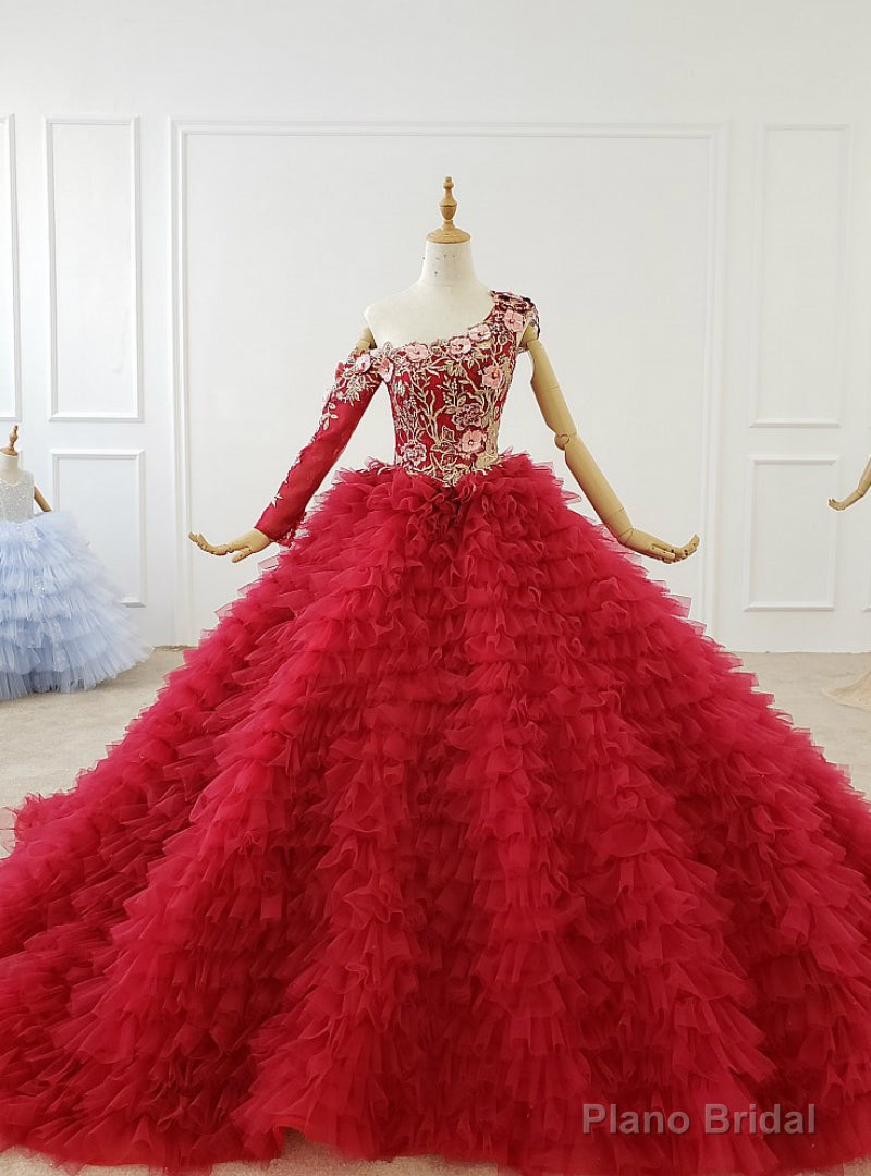 Red Ball Gown Tulle One Shoulder Long Sleeve Appliques Wedding Dress