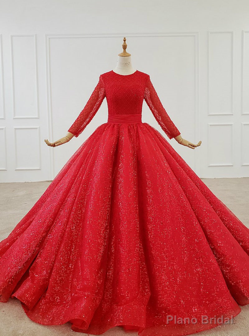 Red Ball Gown Tulle Sequins Long Sleeve Beading Floor Length Wedding Dress Main image