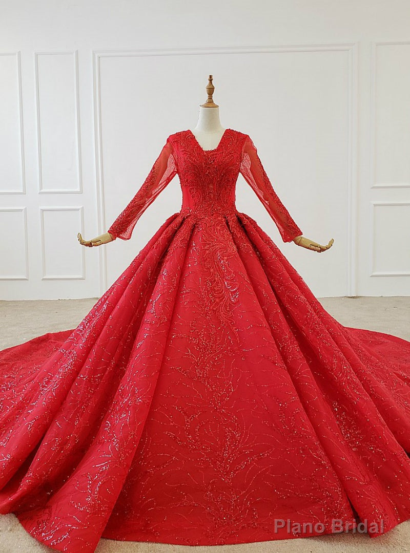 Red Ball Gown Tulle Sequins V-neck Long Sleeve Wedding Dress With Train Main image