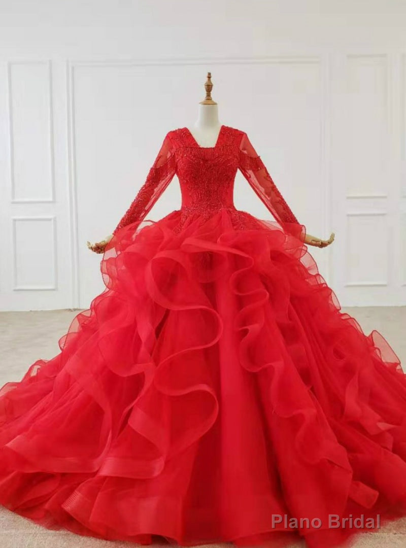 Red Ball Gown V-neck Long Sleeve Beading Wedding Dress Main image