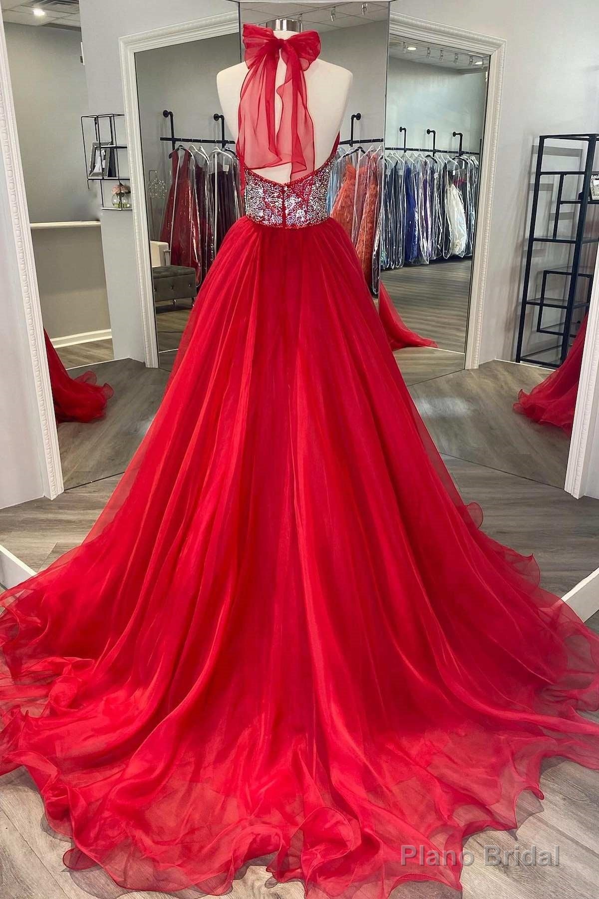 Red Beaded Halter Backless A-Line Long Prom Gown Secondary image
