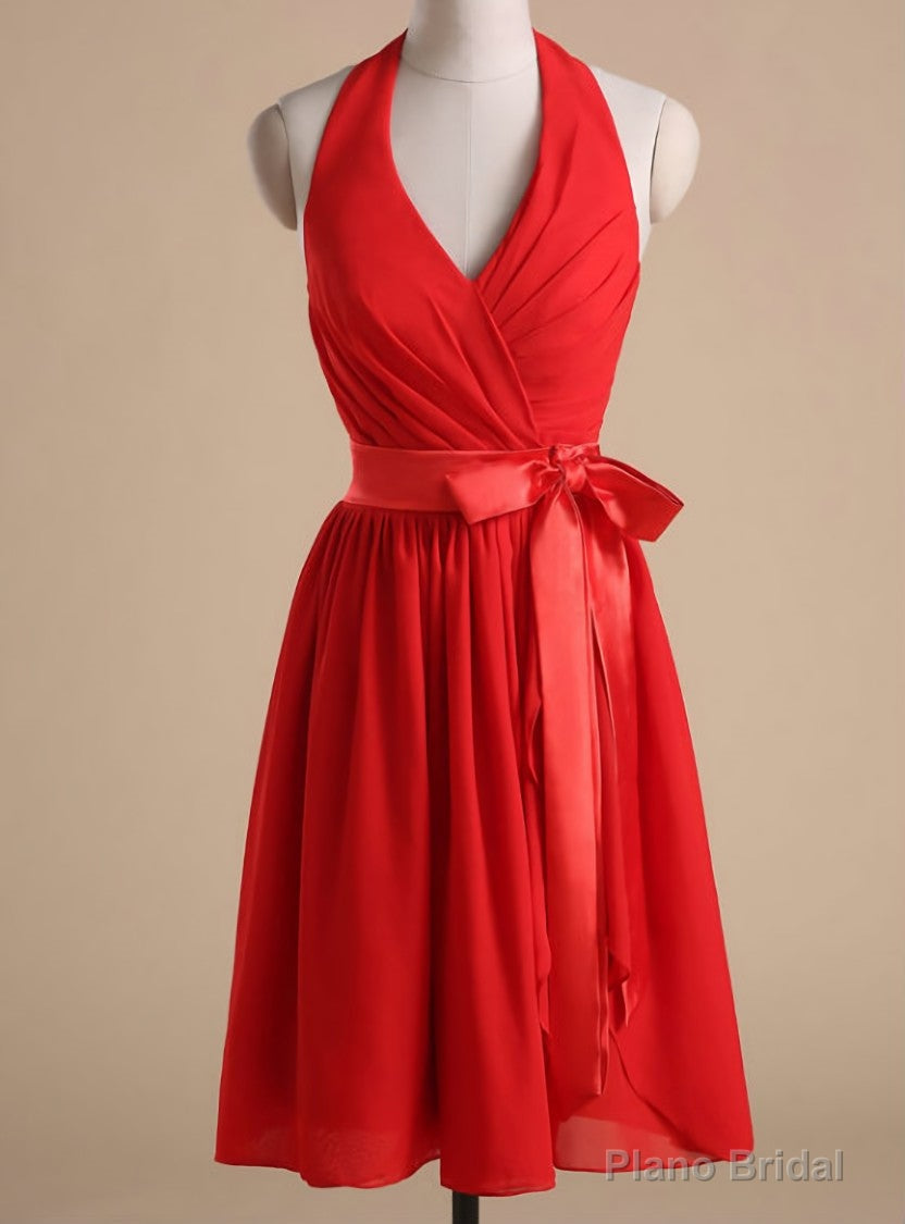 Red Chiffon Halter Homecoming Dress Cocktail Dresses Bow Accent Waist Main image