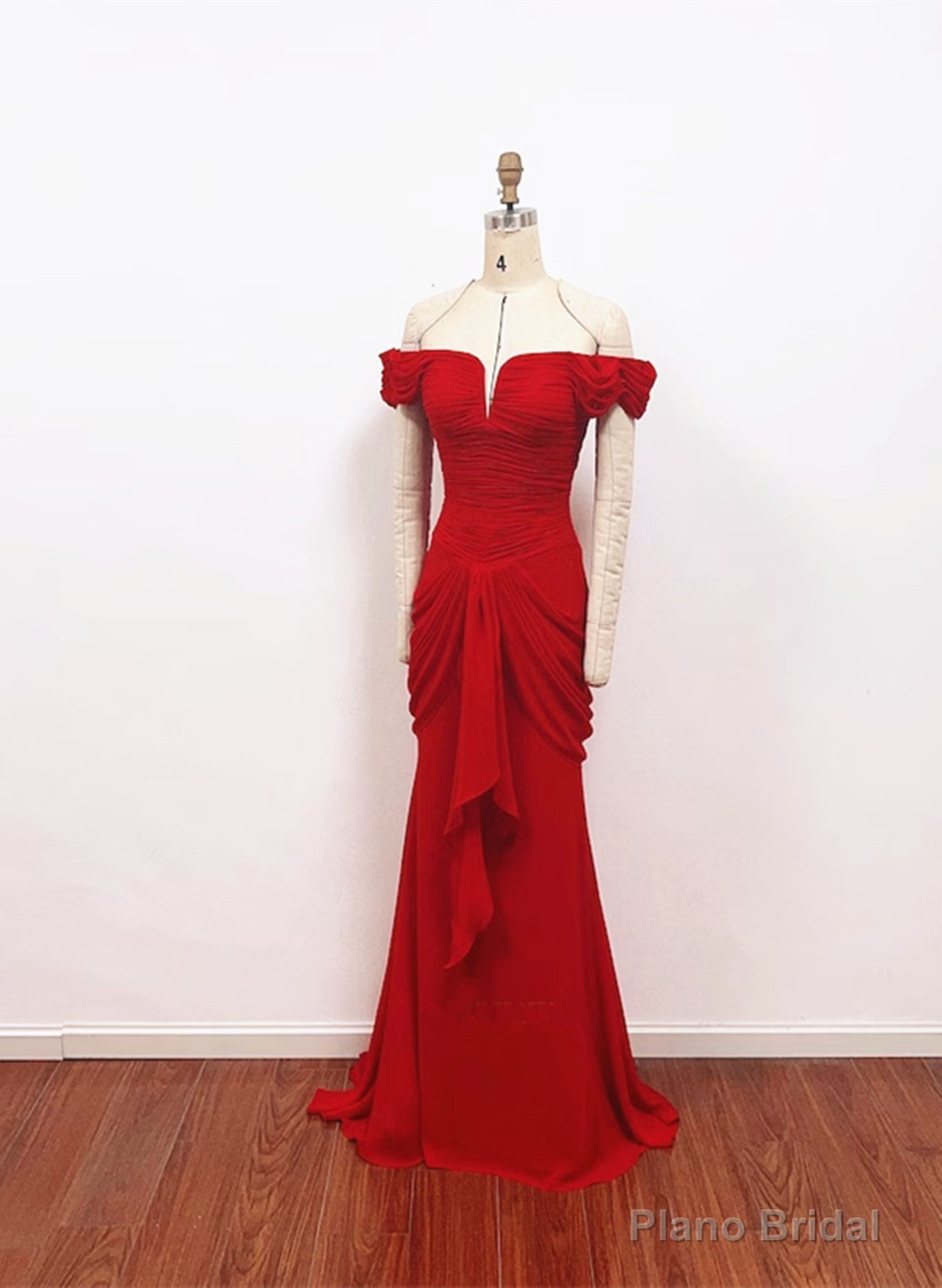 Red Chiffon Mermaid Off Shoulder Wedding Party Dress, Red Long Formal Dress Secondary image
