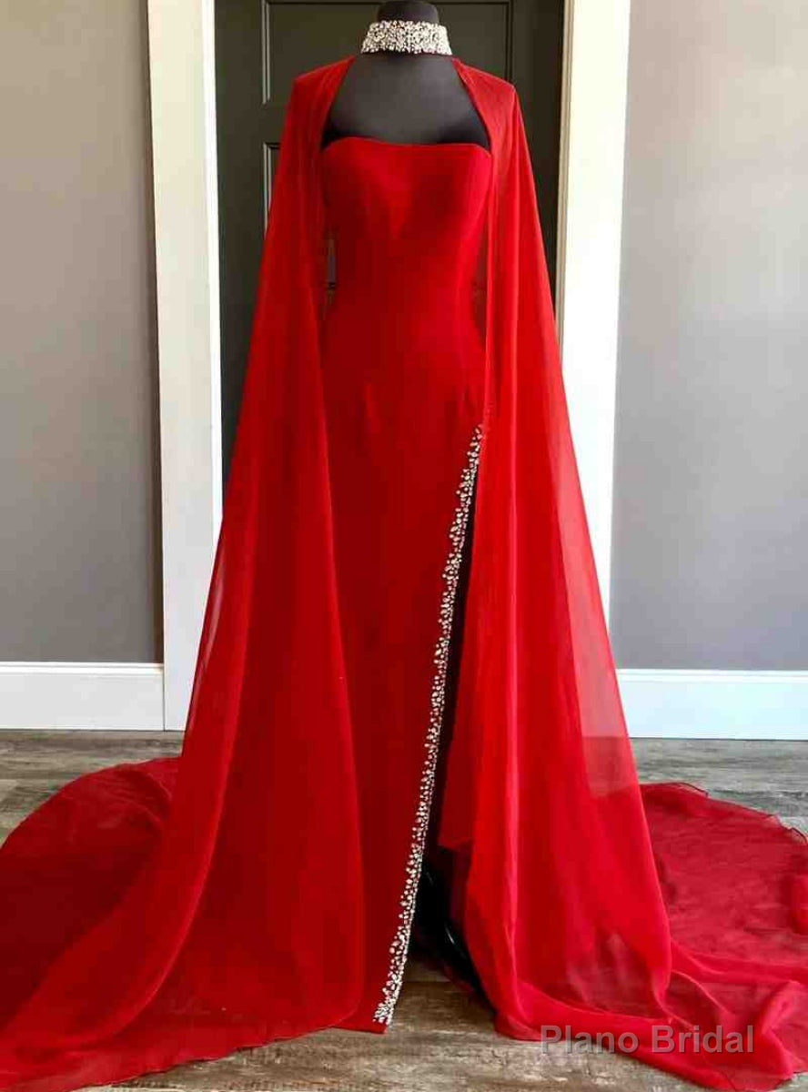 Red Chiffon Side Slit Beading Prom Dress With Cape Main image