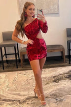 Red Cut Glass Mirror One-Sleeve Cutout Short Cocktail Gown