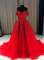 Red Gorgeous Sweetheart Off Shoulder Lace Applique Ball Gown Prom Dress, Red Evening Dress Party Dress