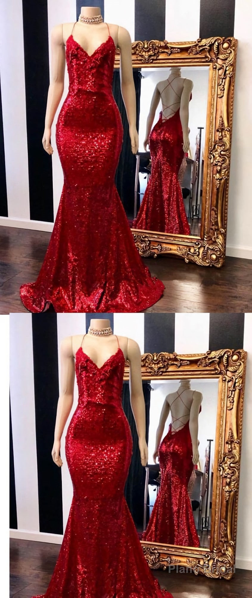 Red Halter Sequins Sparkle Evening Gowns Sexy Mermaid Dresses Long Maxi Dress Main image