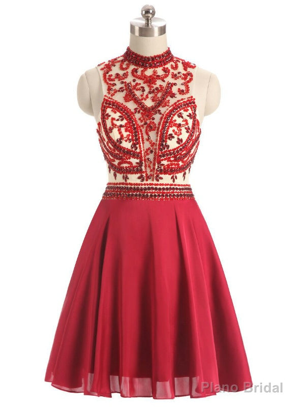 Red High Neck Chiffon Beading Crystal Homecoming Dress Main image