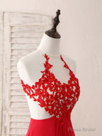 Red Hight Neck Chiffon Lace Applique Long Prom Dress, Red Formal Dress