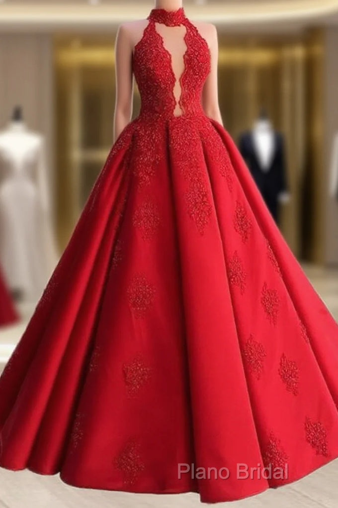 Red Lace Halter Ball Gown Satin Dresses Main image