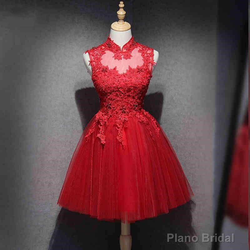 Red Lace High Neckline Tulle Short Homecoming Dress Party Dress, Red Formal Dresses Main image
