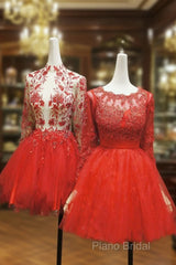 Red Lace Long Formal Prom Dresses Red Tulle Lace Short Formal Prom Dresses