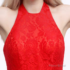 Red Lace Mermaid Halter Backless Long Prom Dresses