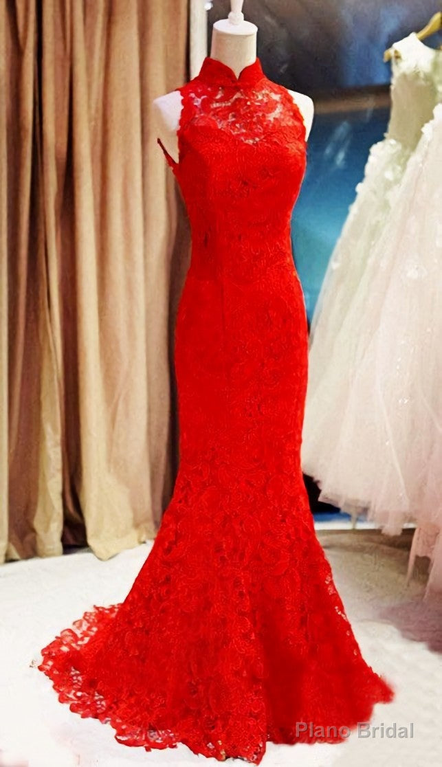 Red Lace Mermaid Long Formal Gown, Red Bridesmaid Dress Secondary image