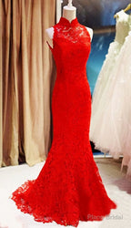 Red Lace Mermaid Long Formal Gown, Red Bridesmaid Dress