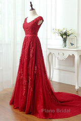Red Lace Formal Prom Dresses Cap Sleeves Formal Dresses, Evening Dresses, Dance Dresses
