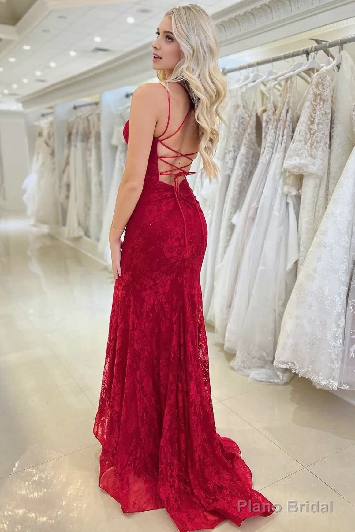 Red Lace V Neck Mermaid Prom Dress Main image