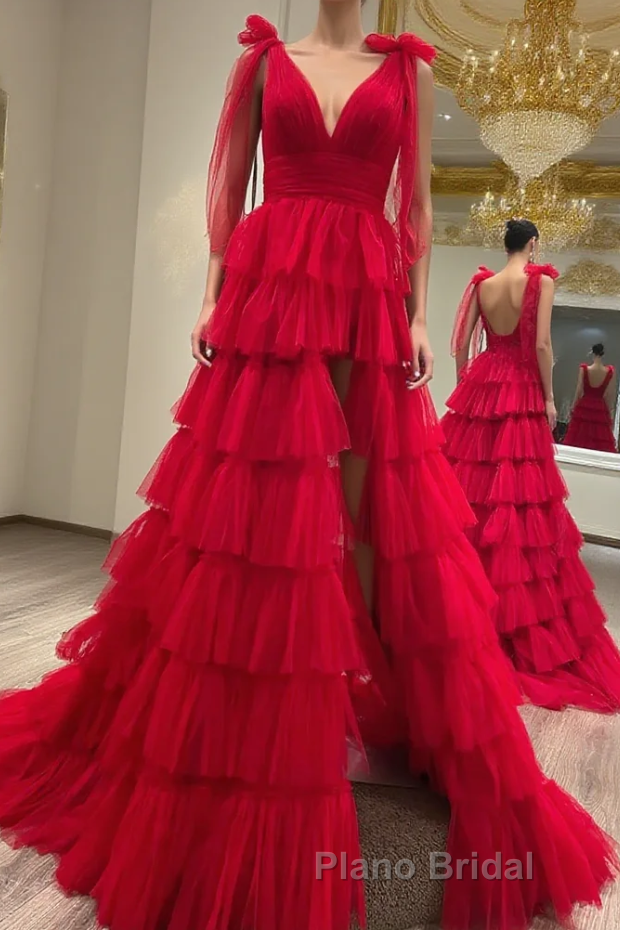 Red Long Formal Prom Dress Princess A Line V Neck Party Evening Dress with Ruffles Main image