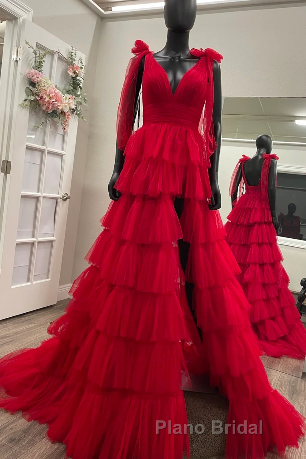 Red Long Formal Prom Dress Princess A Line V Neck Party Evening Dress with Ruffles Secondary image