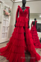 Red Long Formal Prom Dress Princess A Line V Neck Party Evening Dress with Ruffles