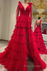 Red Long Prom Dress Princess A Line V Neck Party Evening Dress with Ruffles