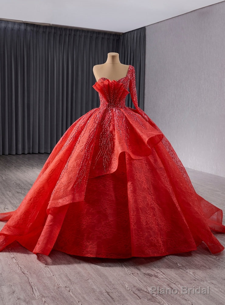 Red Long Sleeve One Shoulder Beading Prom Dress Main image