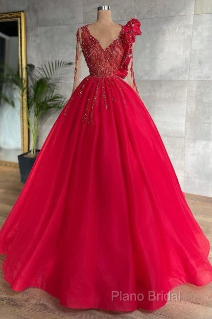 Red Long Sleeve V Neck Beading Flower Tulle Formal Prom Formal Dresses Secondary image
