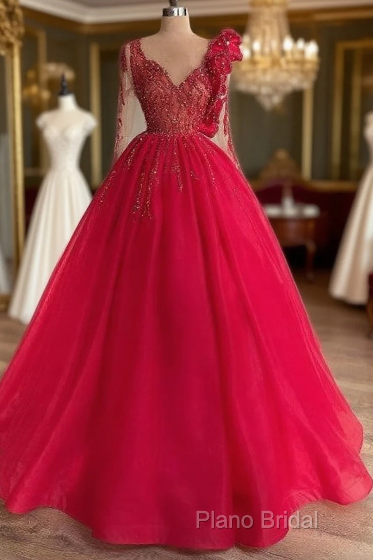 Red Long Sleeve V Neck Beading Flower Tulle Formal Prom Formal Dresses Main image