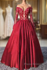 Red Long Sleeves Lace Long Formal Prom Dresses, Red Evening Dresses