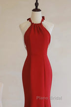 Red Mermaid Halter Long Evening Dresses, Red Backless Formal Dresses Formal Prom Dresses