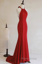 Red Mermaid Halter Long Evening Dresses, Red Backless Formal Dresses Formal Prom Dresses