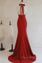Red Mermaid Halter Long Evening Dresses, Red Backless Formal Dresses Formal Prom Dresses