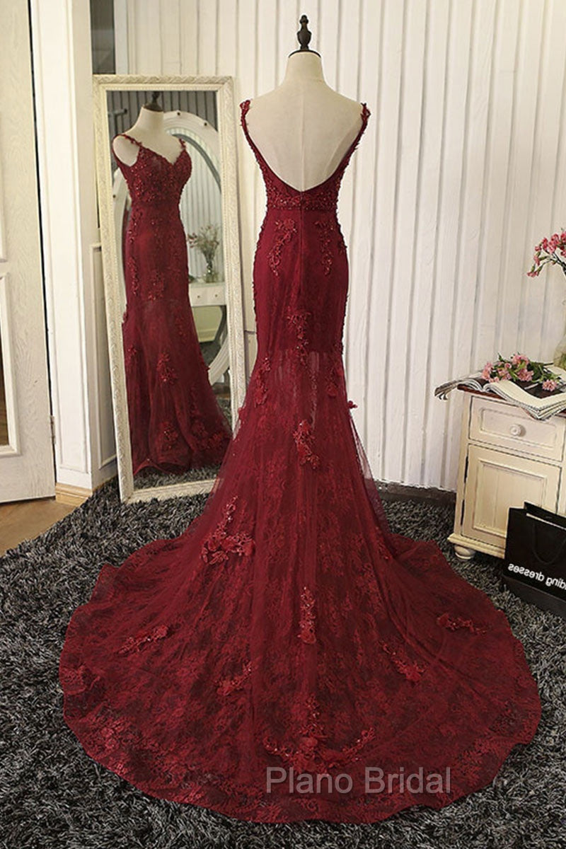 Red Mermaid Lace Long Formal Prom Dresses, Lace Mermaid Evening Dresses Secondary image