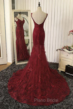 Red Mermaid Lace Long Formal Prom Dresses, Lace Mermaid Evening Dresses