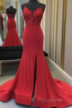 Red Mermaid Llong Formal Prom Dresses Appliques Slit Formal Dresses