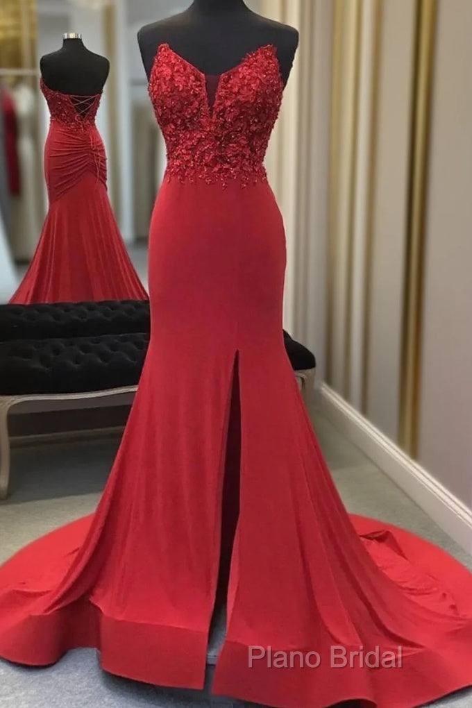 Red Mermaid Llong Formal Prom Dresses Appliques Slit Formal Dresses