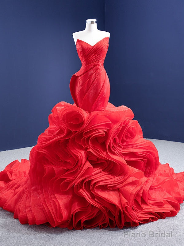 Red Mermaid Organza Strapless Pleats Prom Dress Main image