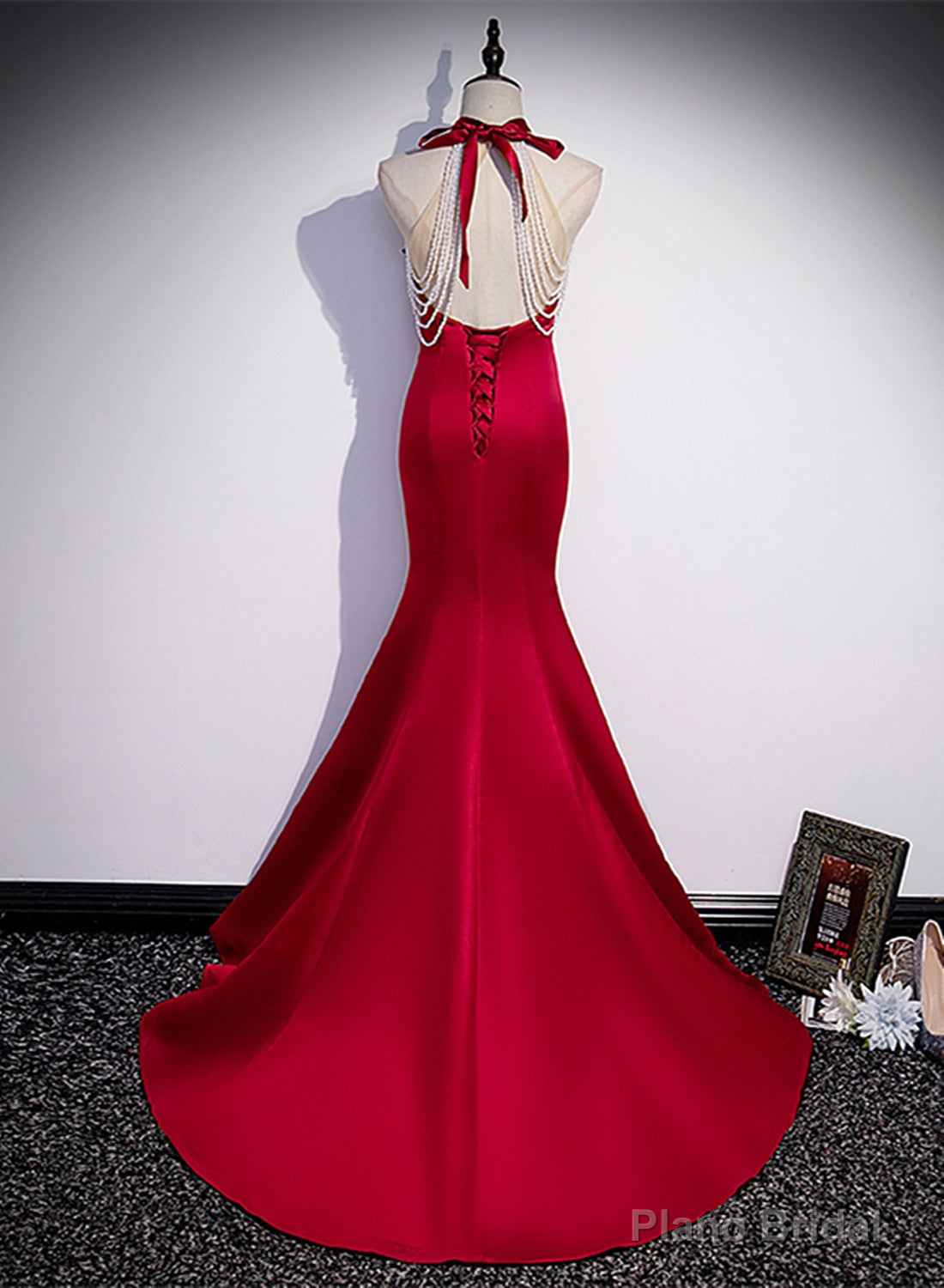 Red Mermaid Satin Long Party Dress Formal Dress, Lace-up Red Prom Dress